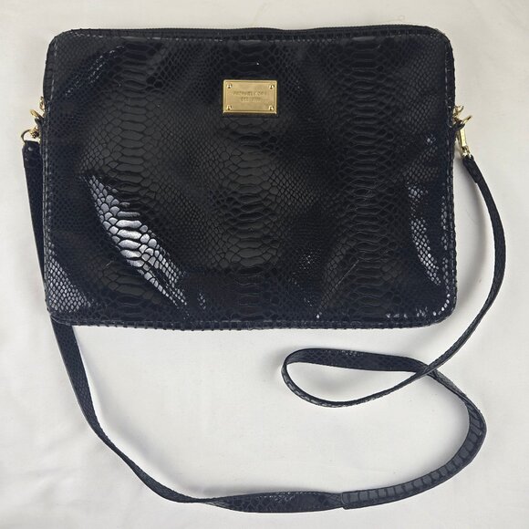 Michael Kors Black Patent Python Embossed Laptop Computer Case Double Zip Strap - Picture 1 of 14